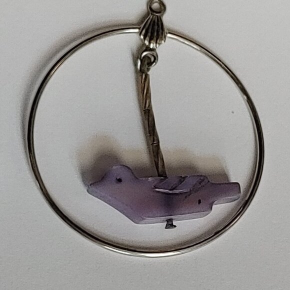 Native American Sterling Fetish Mother Of Pearl Birds Silver Hoop Earings - Picture 2 of 4